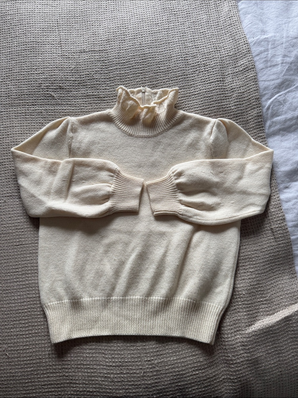 CO Cashmere Ruffle-Trim Turtleneck Sweater with Puff Sleeves